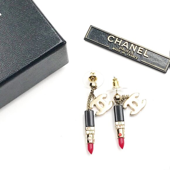 Chanel Rare Gold CC Lipstick Crystal Dangle Piercing Earrings - Picture 2 of 4